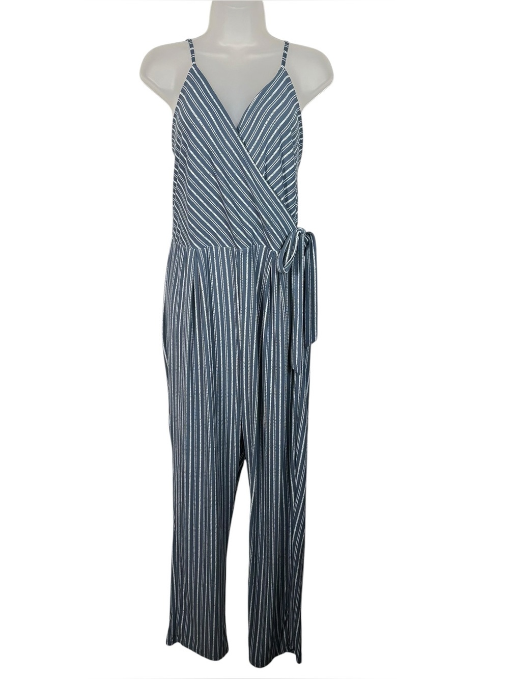 Derek Heart Blue White Striped Faux Wrap Tank Top Straight Leg Jumpsuit Romper